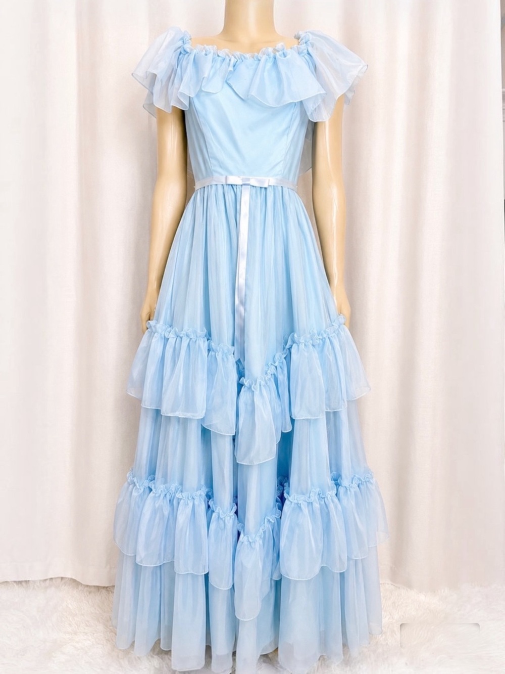 Vintage 1970s Union Made Baby Blue Ruffle Chiffon Maxi Gown Fairycore